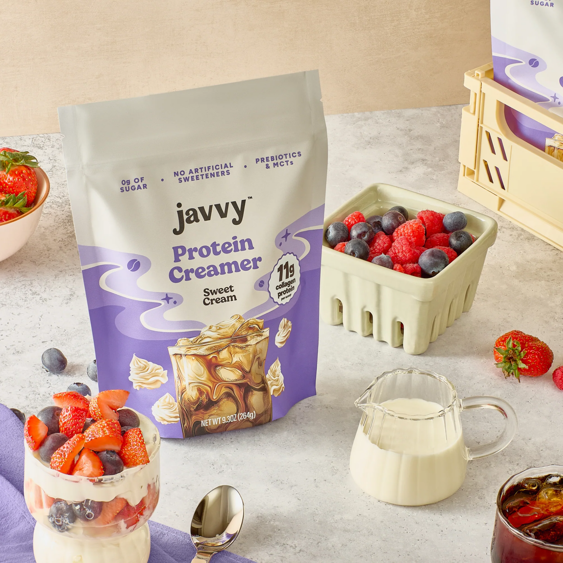 Javvy Protein Creamer bag in Salted Caramel flavor — superfood coffee creamer with 11g protein, MCTs, and prebiotics