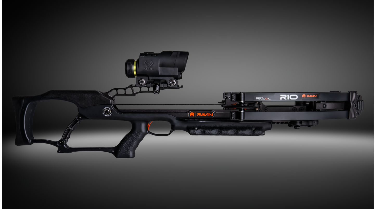Ravin Integrated Xero X1i crossbow scope by Garmin with built-in rangefinder and digital aimpoints mounted on Ravin crossbow