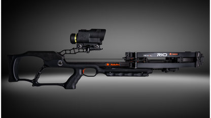 Ravin Integrated Xero X1i crossbow scope by Garmin with built-in rangefinder and digital aimpoints mounted on Ravin crossbow