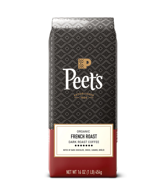 Peet’s Organic French Roast Coffee bag with flavor notes dark chocolate, smoke, and caramel brûlée.