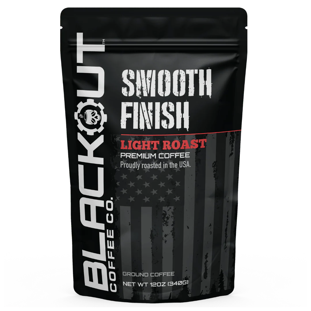 Blackout Coffee Smooth Finish Light Roast 12oz bag — 100% Arabica, bright origin flavor from Central and South America, small-batch roasted in the USA