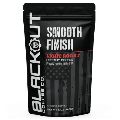 Blackout Coffee Smooth Finish Light Roast 12oz bag — 100% Arabica, bright origin flavor from Central and South America, small-batch roasted in the USA