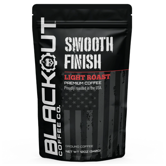 Blackout Coffee Smooth Finish Light Roast 12oz bag — 100% Arabica, bright origin flavor from Central and South America, small-batch roasted in the USA