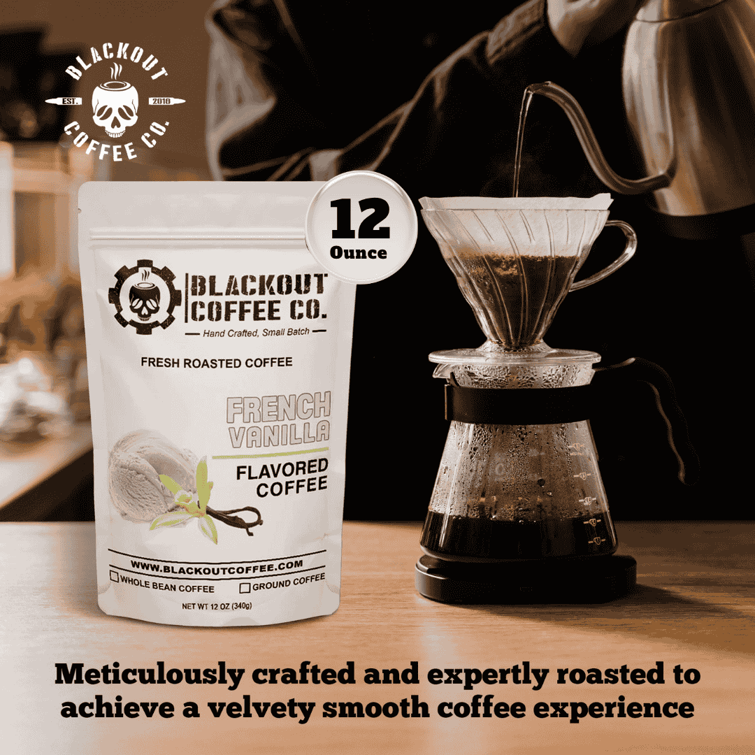 French Vanilla flavored coffee bag with rich vanilla bean aroma and creamy sweet finish