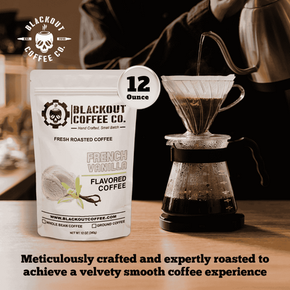 French Vanilla flavored coffee bag with rich vanilla bean aroma and creamy sweet finish