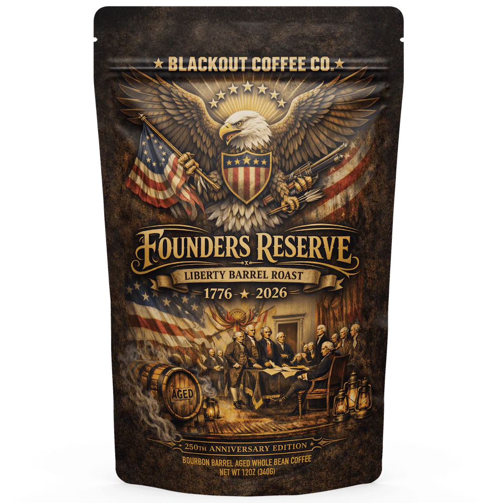 Blackout Coffee Founders Reserve Liberty Barrel Roast — bourbon barrel aged whole bean Nicaragua coffee, medium roast, vanilla caramel toasted oak flavor, limited anniversary release
