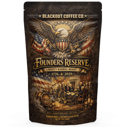 Blackout Coffee Founders Reserve Liberty Barrel Roast — bourbon barrel aged whole bean Nicaragua coffee, medium roast, vanilla caramel toasted oak flavor, limited anniversary release