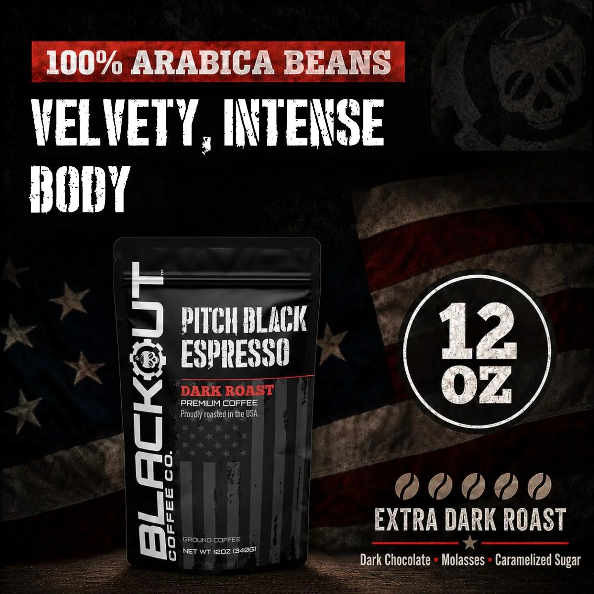 Blackout Coffee Pitch Black Espresso 12 oz bag of extra dark roast 100% Arabica Cuban espresso small-batch roasted in the USA