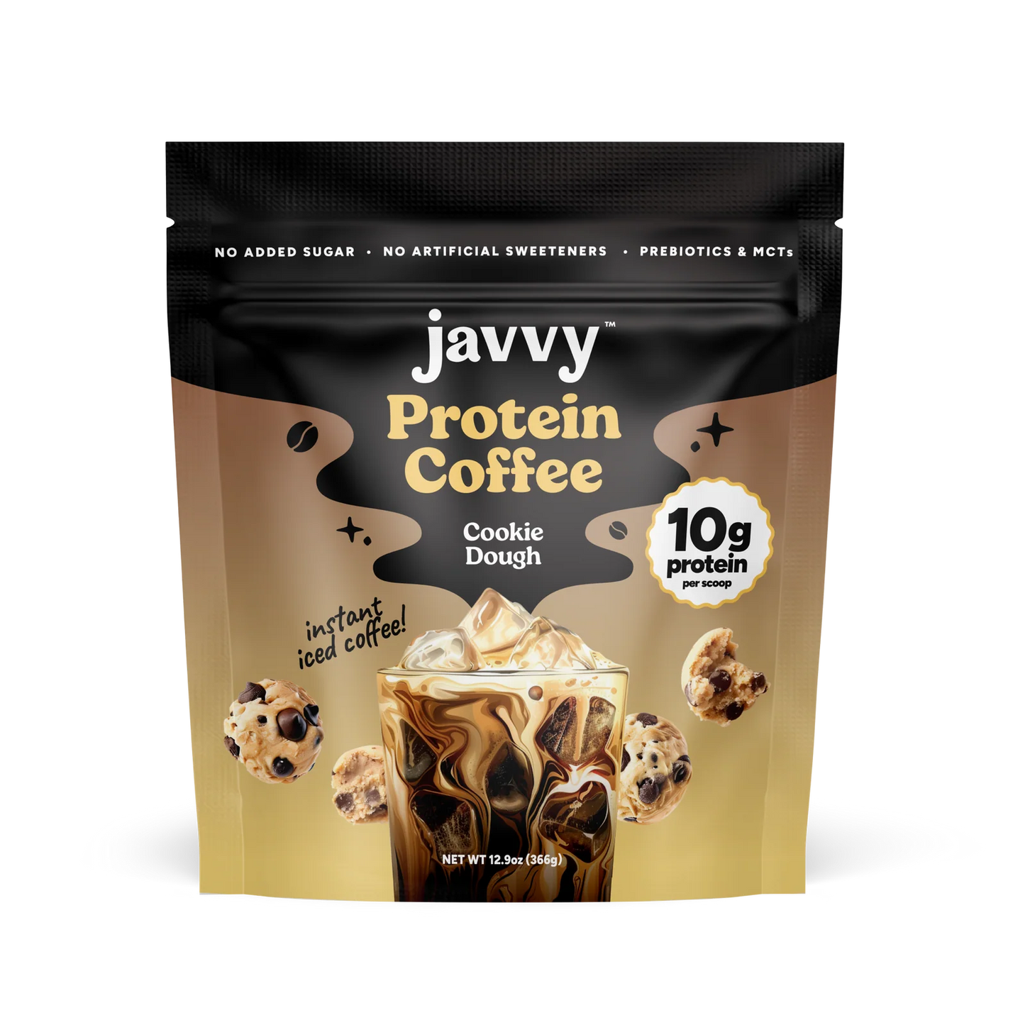 Javvy Cookie Dough flavored protein coffee with buttery vanilla and chocolate chip and premium whey protein