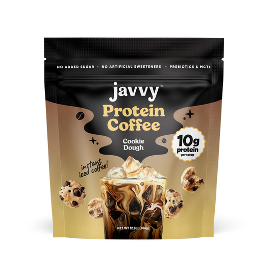 Javvy Cookie Dough flavored protein coffee with buttery vanilla and chocolate chip and premium whey protein