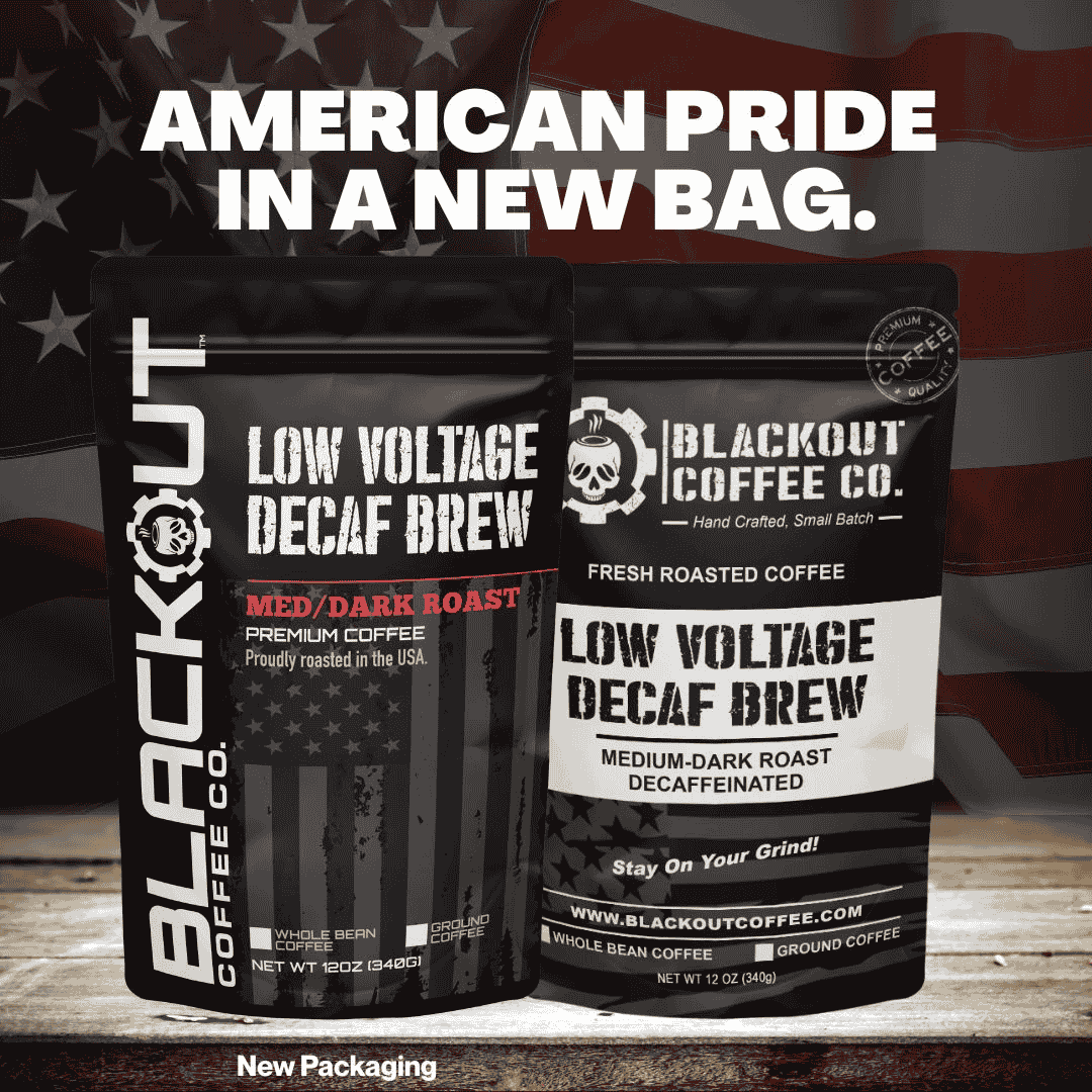 Blackout Coffee Low Voltage Decaf 12oz bag — full-bodied medium-dark roast, 100% Arabica, decaffeinated, small-batch roasted in the USA