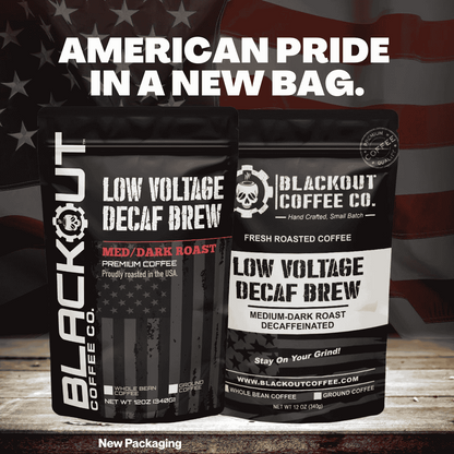 Blackout Coffee Low Voltage Decaf 12oz bag — full-bodied medium-dark roast, 100% Arabica, decaffeinated, small-batch roasted in the USA
