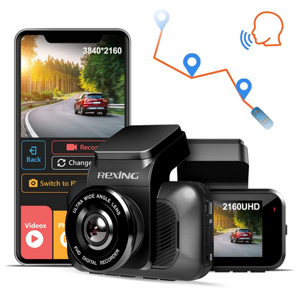 Rexing V5 bundle 3-channel 4K dash cam with Wi-Fi and GPS showing front interior and rear camera views — Veterans Value Hub