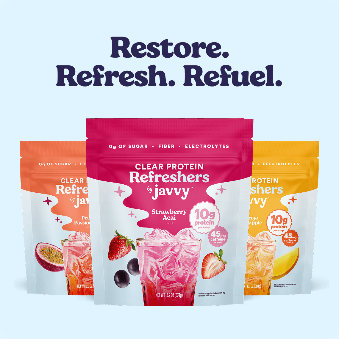Javvy Protein Refresher in Strawberry, Peach Passion, Mango Pineapple flavors — clear protein drink with collagen, electrolytes, and prebiotics