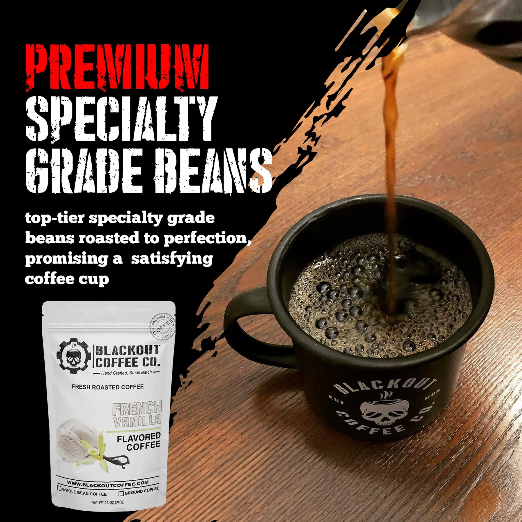 French Vanilla flavored coffee bag with rich vanilla bean aroma and creamy sweet finish