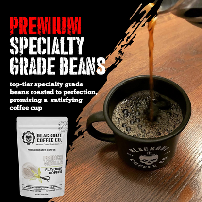 French Vanilla flavored coffee bag with rich vanilla bean aroma and creamy sweet finish