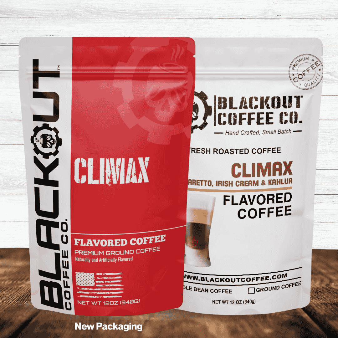 Blackout Coffee Climax flavored coffee bag with amaretto, Irish cream, and coffee liqueur notes