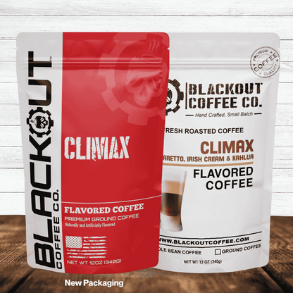 Blackout Coffee Climax flavored coffee bag with amaretto, Irish cream, and coffee liqueur notes