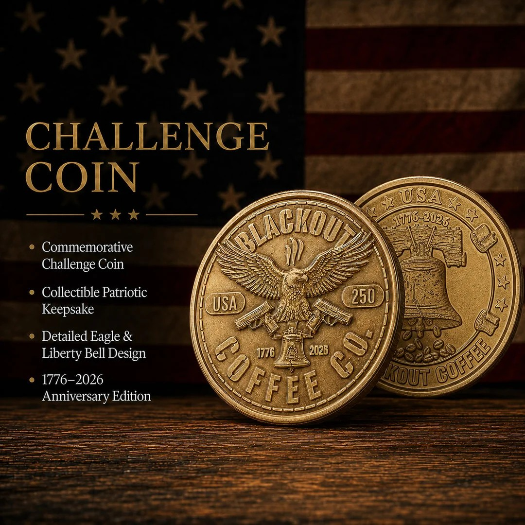 Blackout Coffee Liberty Collector's Crate — limited edition 250th Anniversary gift set with bourbon barrel aged coffee, handmade Liberty Bell mug, challenge coin, and engraved coffee scoop