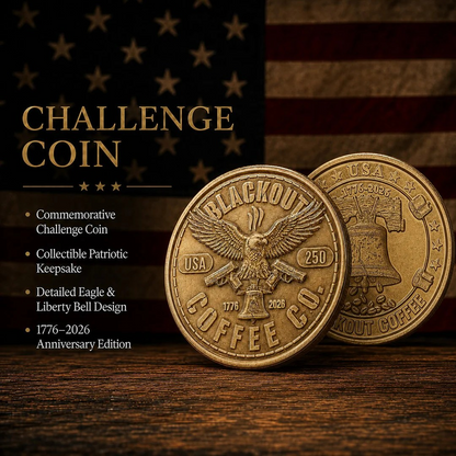 Blackout Coffee Liberty Collector's Crate — limited edition 250th Anniversary gift set with bourbon barrel aged coffee, handmade Liberty Bell mug, challenge coin, and engraved coffee scoop