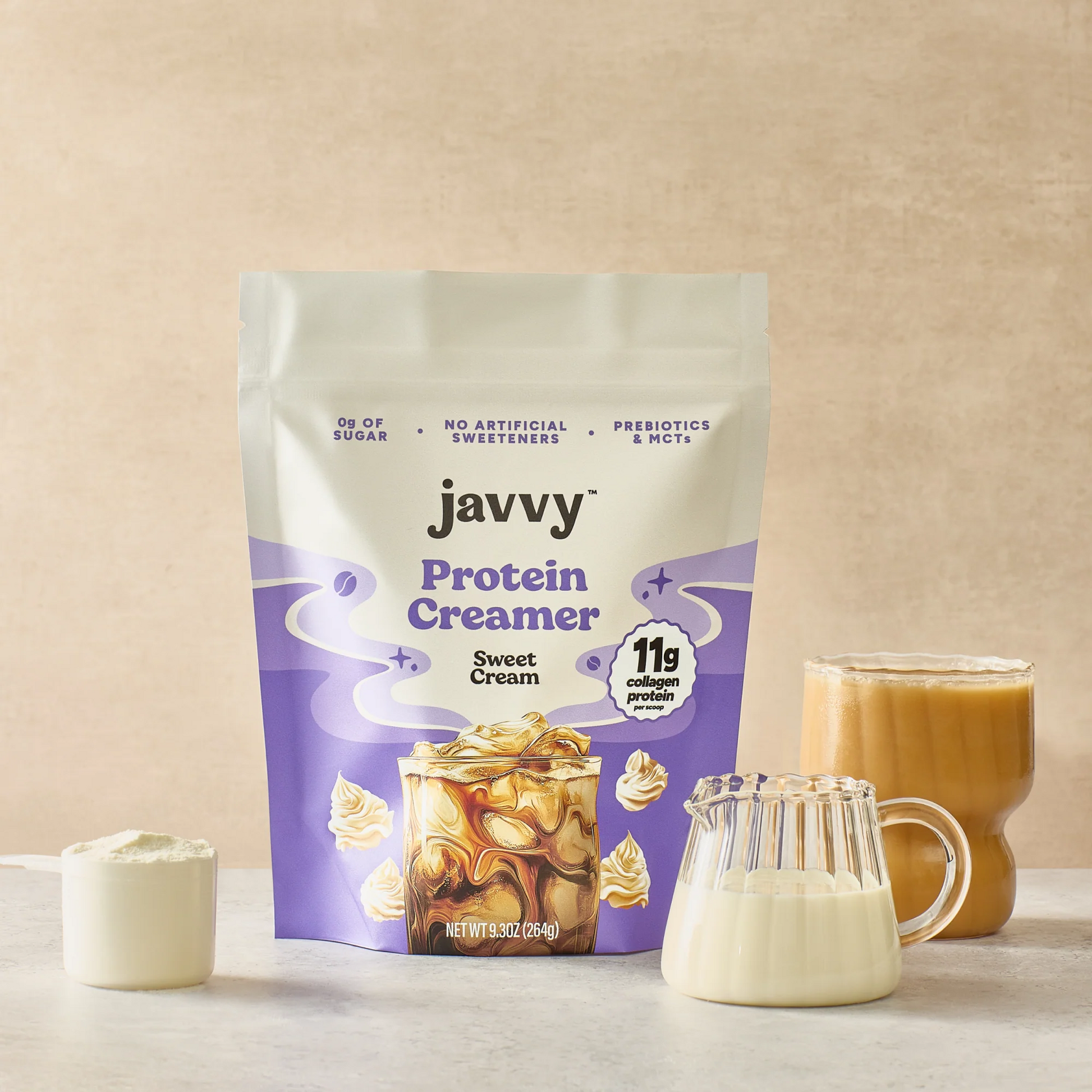 Javvy Protein Creamer bag in Salted Caramel flavor — superfood coffee creamer with 11g protein, MCTs, and prebiotics