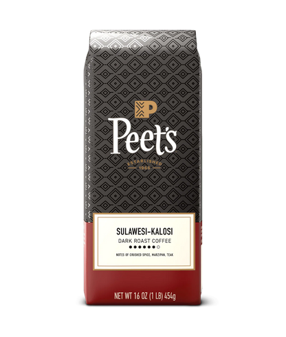 Peet’s Sulawesi-Kalosi Coffee bag with flavor notes crushed spice, marzipan, and teak.