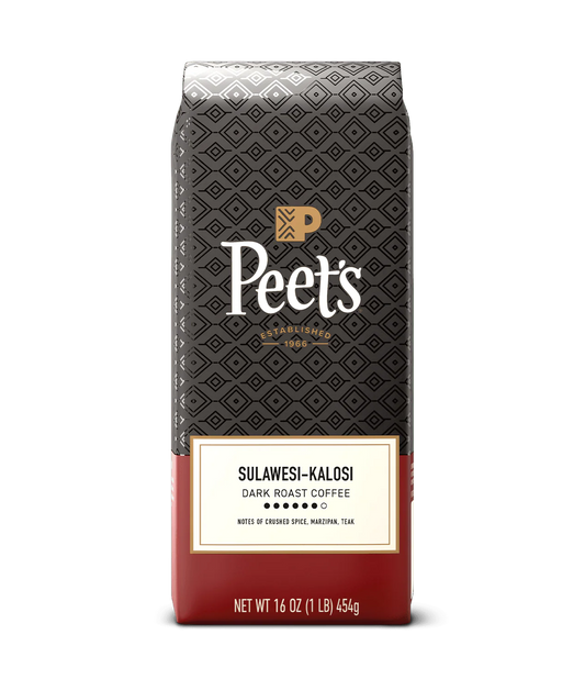 Peet’s Sulawesi-Kalosi Coffee bag with flavor notes crushed spice, marzipan, and teak.