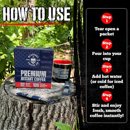 Blackout Coffee instant coffee single serve packs laid out on a rugged outdoor surface with an American flag in the background