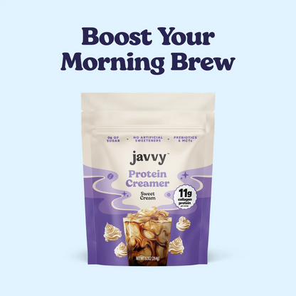 Javvy Protein Creamer bag in Salted Caramel flavor — superfood coffee creamer with 11g protein, MCTs, and prebiotics