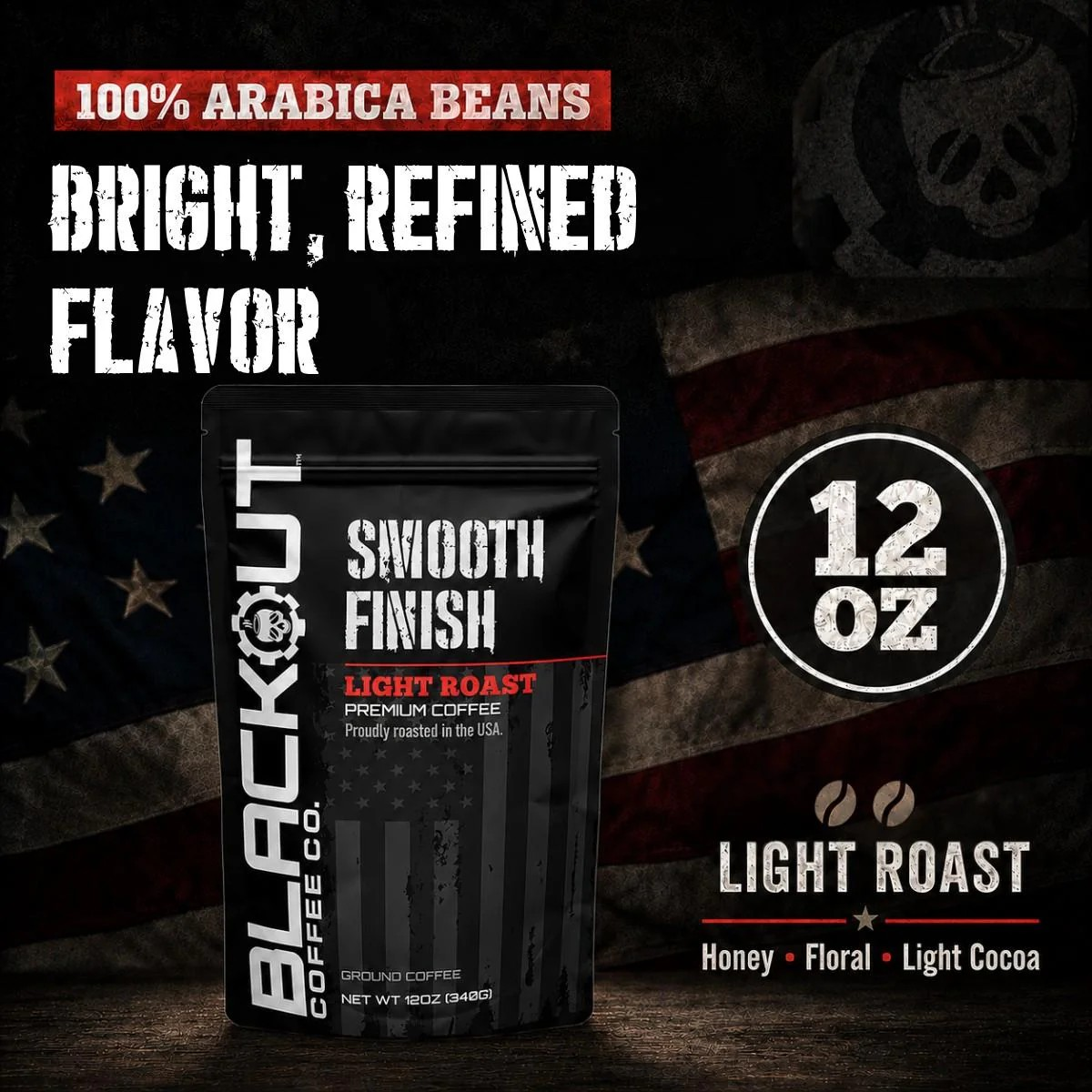 Blackout Coffee Smooth Finish Light Roast 12oz bag — 100% Arabica, bright origin flavor from Central and South America, small-batch roasted in the USA