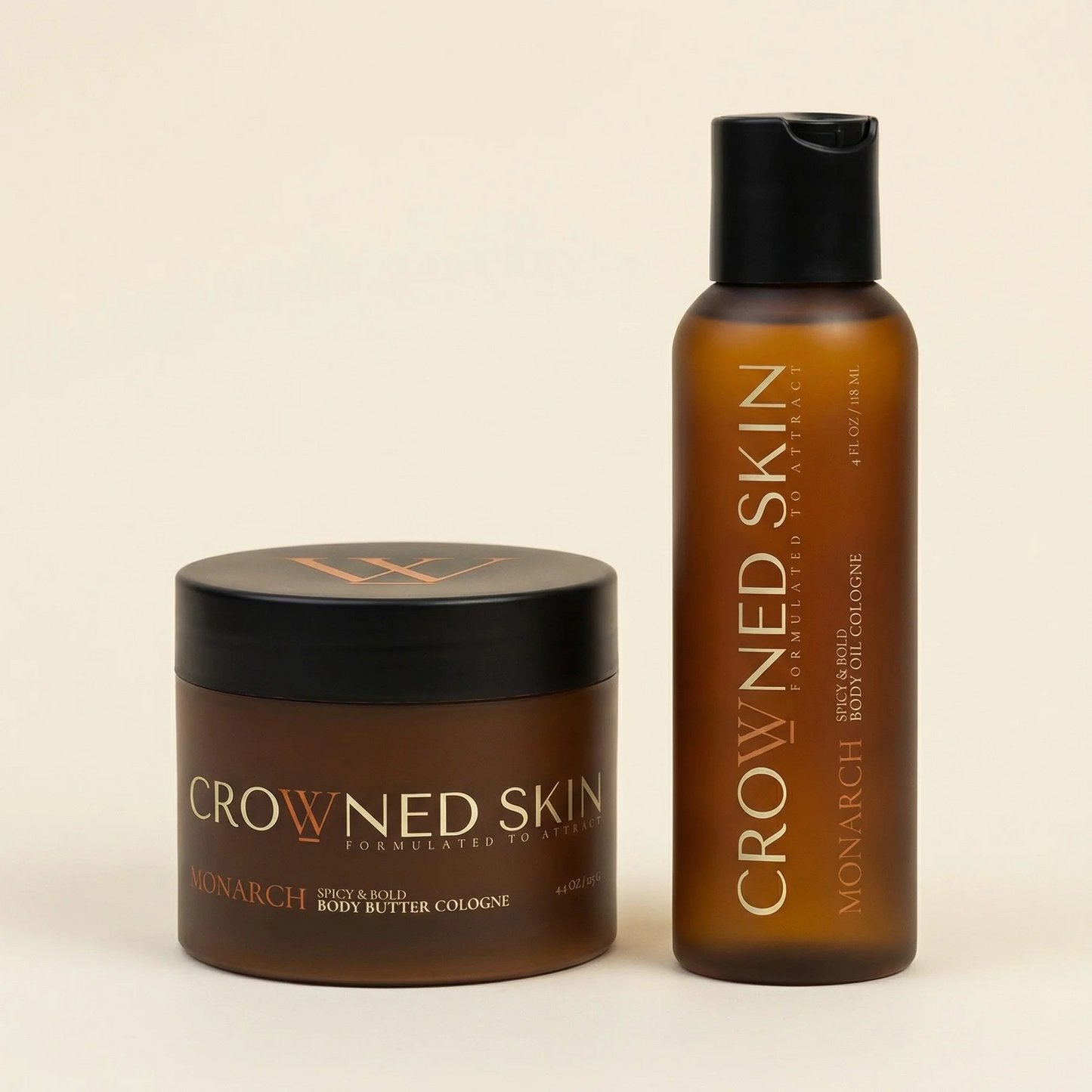 Monarch Body Butter and Body Oil 4 oz bundle set displayed together on a clean surface, showcasing luxury skincare products for deep hydration and glowing skin.