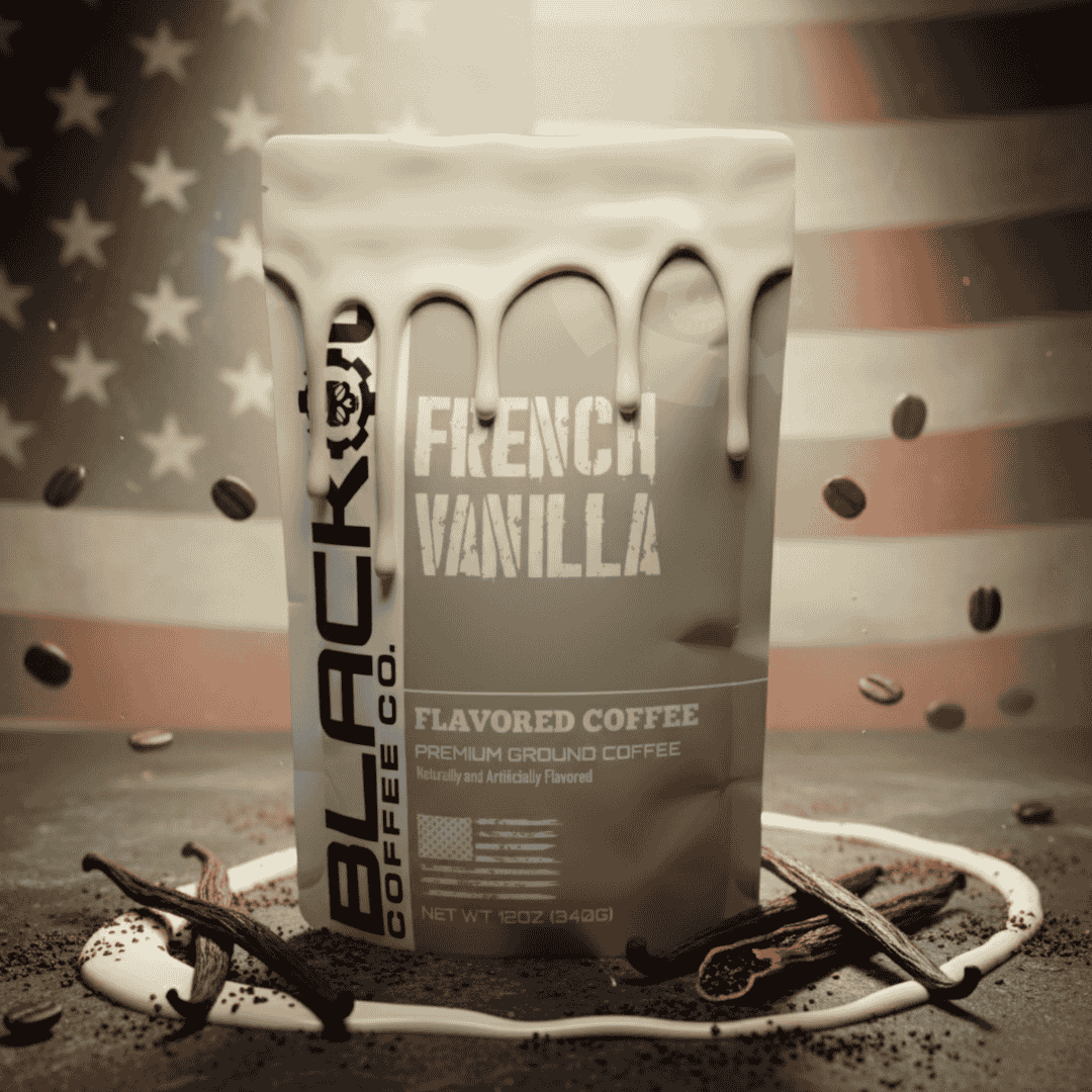 French Vanilla flavored coffee bag with rich vanilla bean aroma and creamy sweet finish