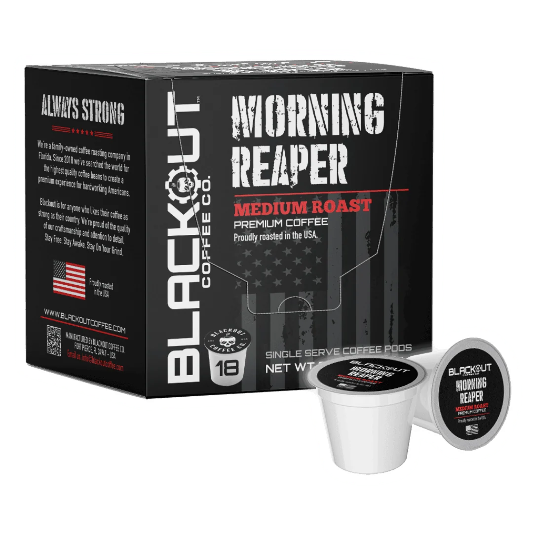 “Blackout Coffee Morning Reaper Medium Roast Coffee Pods box with smooth medium roast flavor.”