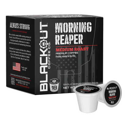 “Blackout Coffee Morning Reaper Medium Roast Coffee Pods box with smooth medium roast flavor.”