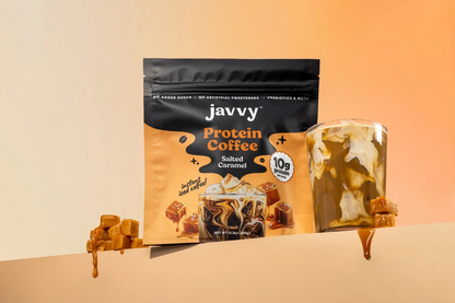 Javvy Salted Caramel flavored protein coffee with premium whey protein