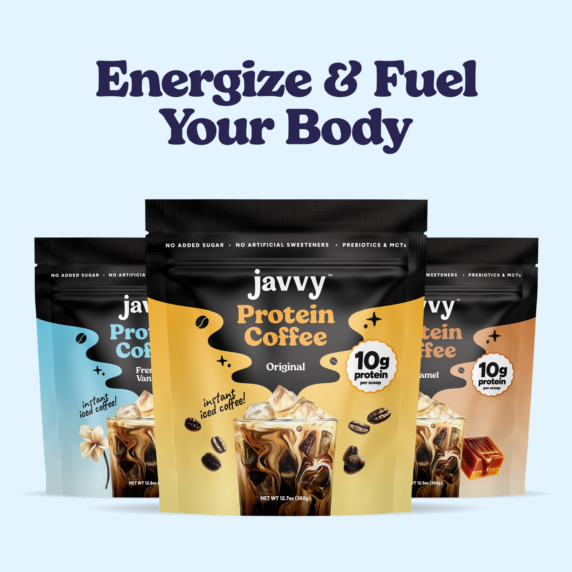 Javvy Protein Coffee bag in Mocha flavor — premium iced coffee with whey protein, 16 flavors available