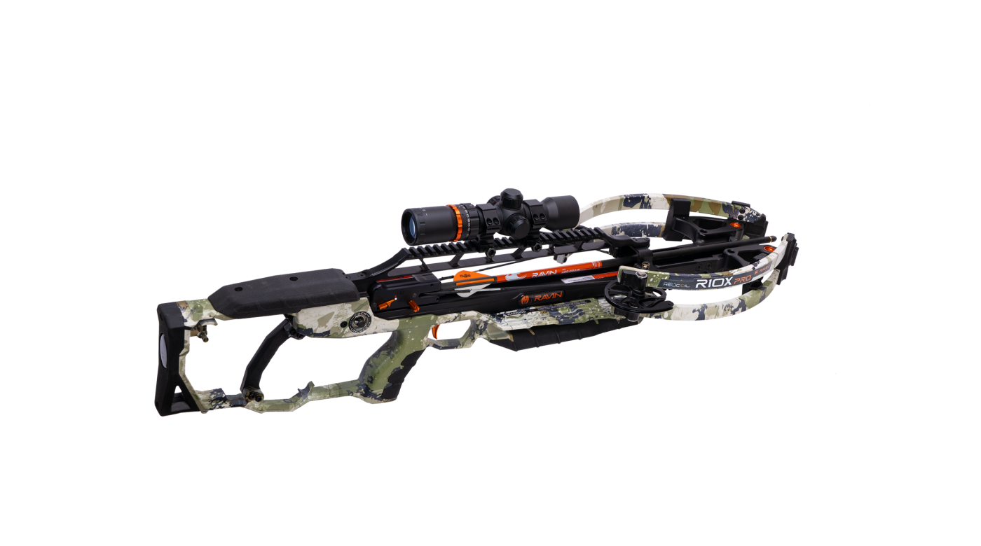 Ravin R10X Pro crossbow with ambidextrous stock and full-length scope rail displayed in outdoor hunting setting