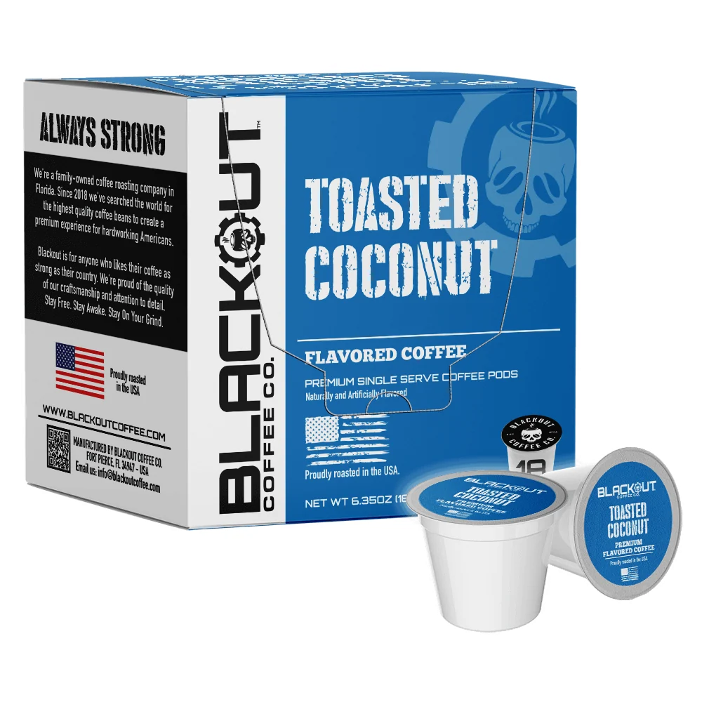 “Blackout Coffee Toasted Coconut flavored coffee pods with warm toasted coconut aroma.”