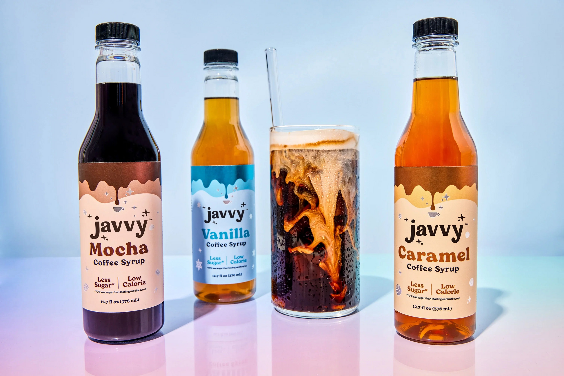 Javvy Coffee Syrup bottles in Mocha and Caramel flavors — natural flavored syrup for coffee, shakes, and cocktails
