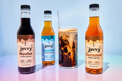 Javvy Coffee Syrup bottles in Mocha and Caramel flavors — natural flavored syrup for coffee, shakes, and cocktails