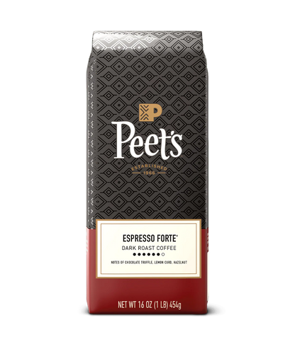 Peet’s Espresso Forte dark roast coffee bag with chocolate truffle, lemon curd, and hazelnut flavor notes.