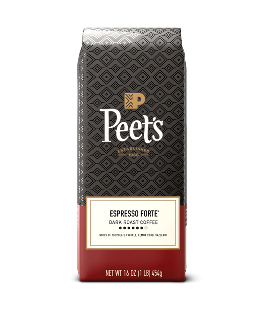 Peet’s Espresso Forte dark roast coffee bag with chocolate truffle, lemon curd, and hazelnut flavor notes.