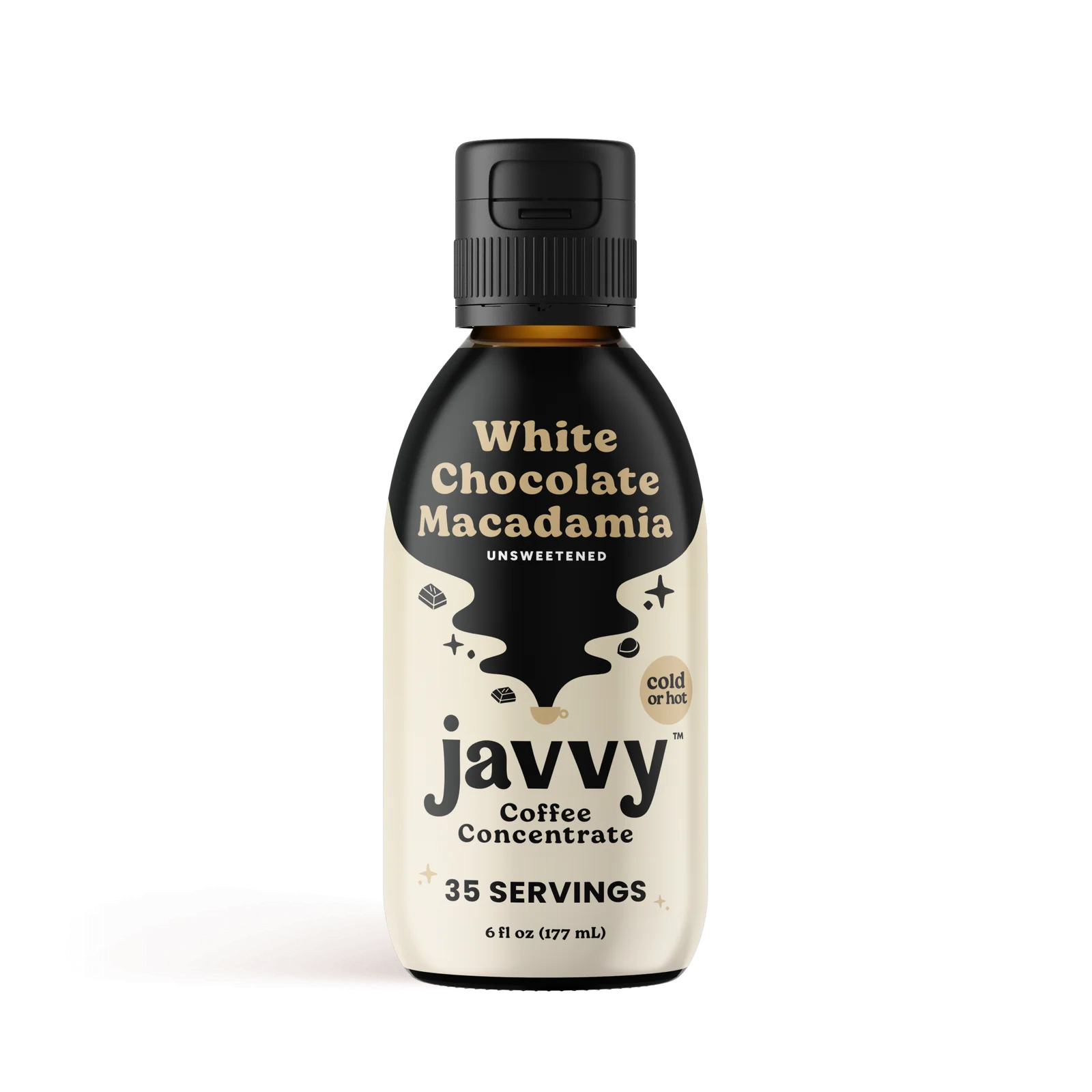 Javvy Coffee Concentrate in White Chocolate Macadamia flavor — smooth, nutty, creamy white chocolate and toasted macadamia, no brewer needed