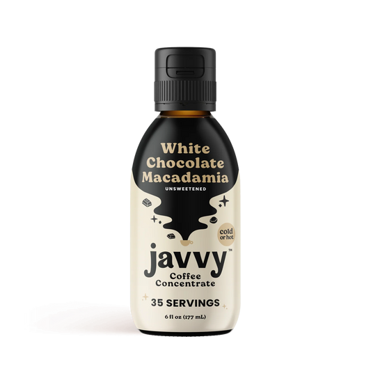 Javvy Coffee Concentrate in White Chocolate Macadamia flavor — smooth, nutty, creamy white chocolate and toasted macadamia, no brewer needed
