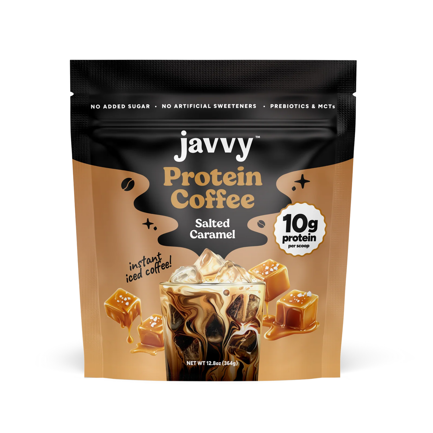 Javvy Salted Caramel flavored protein coffee with premium whey protein