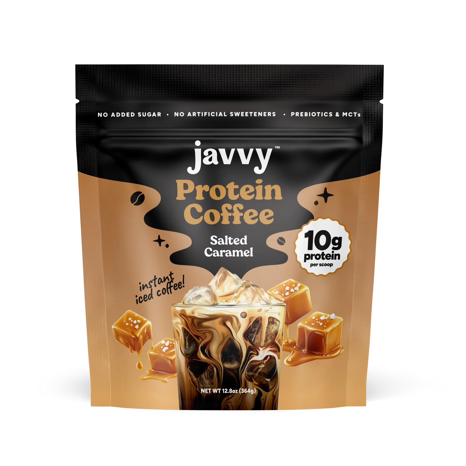 Javvy Salted Caramel flavored protein coffee with premium whey protein
