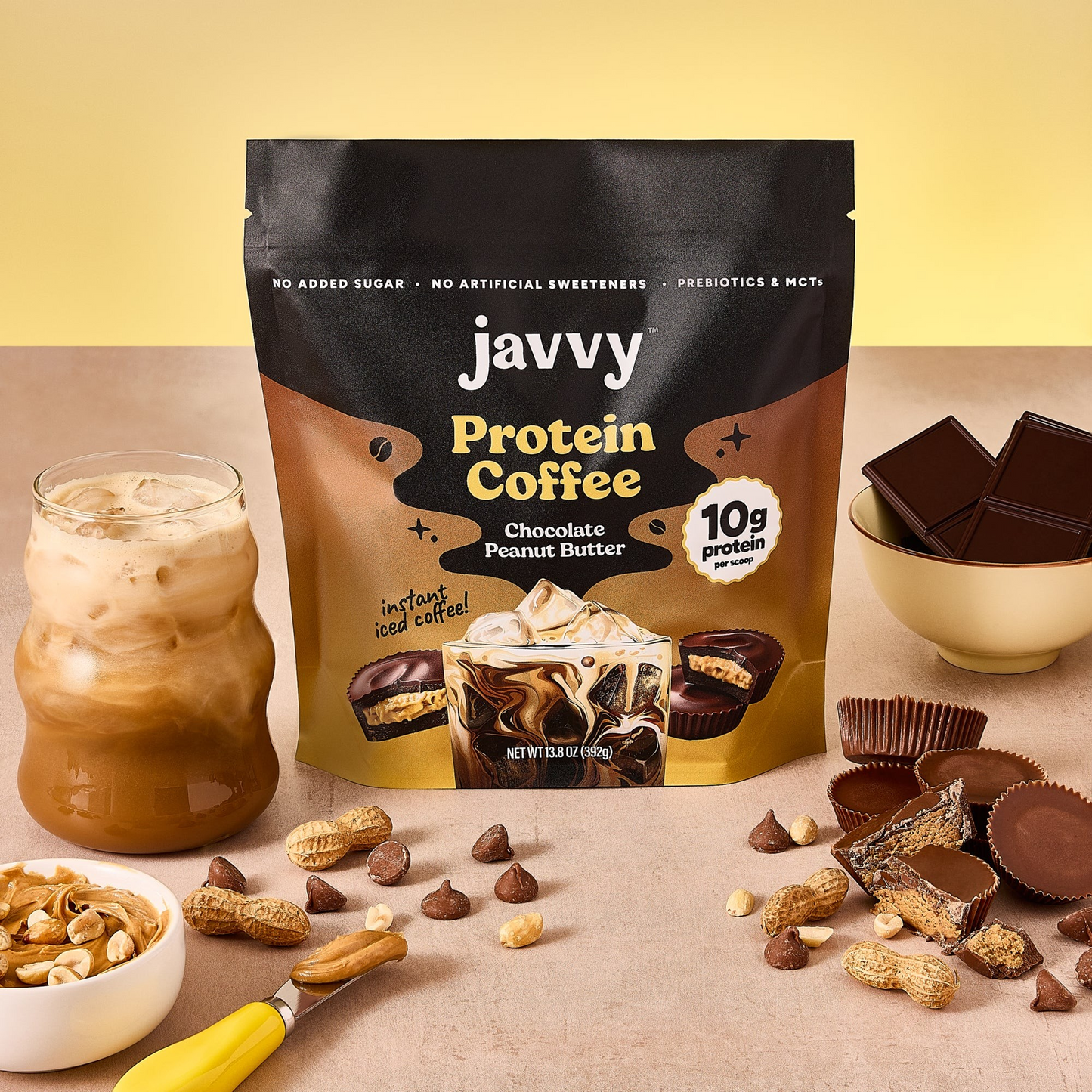 Javvy Chocolate Peanut Butter flavored protein coffee with premium whey protein