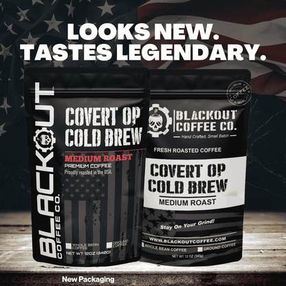 Blackout Coffee Covert OP Cold Brew 12oz bag — 100% Arabica medium roast, silky smooth, low acid, high caffeine, roasted in the USA