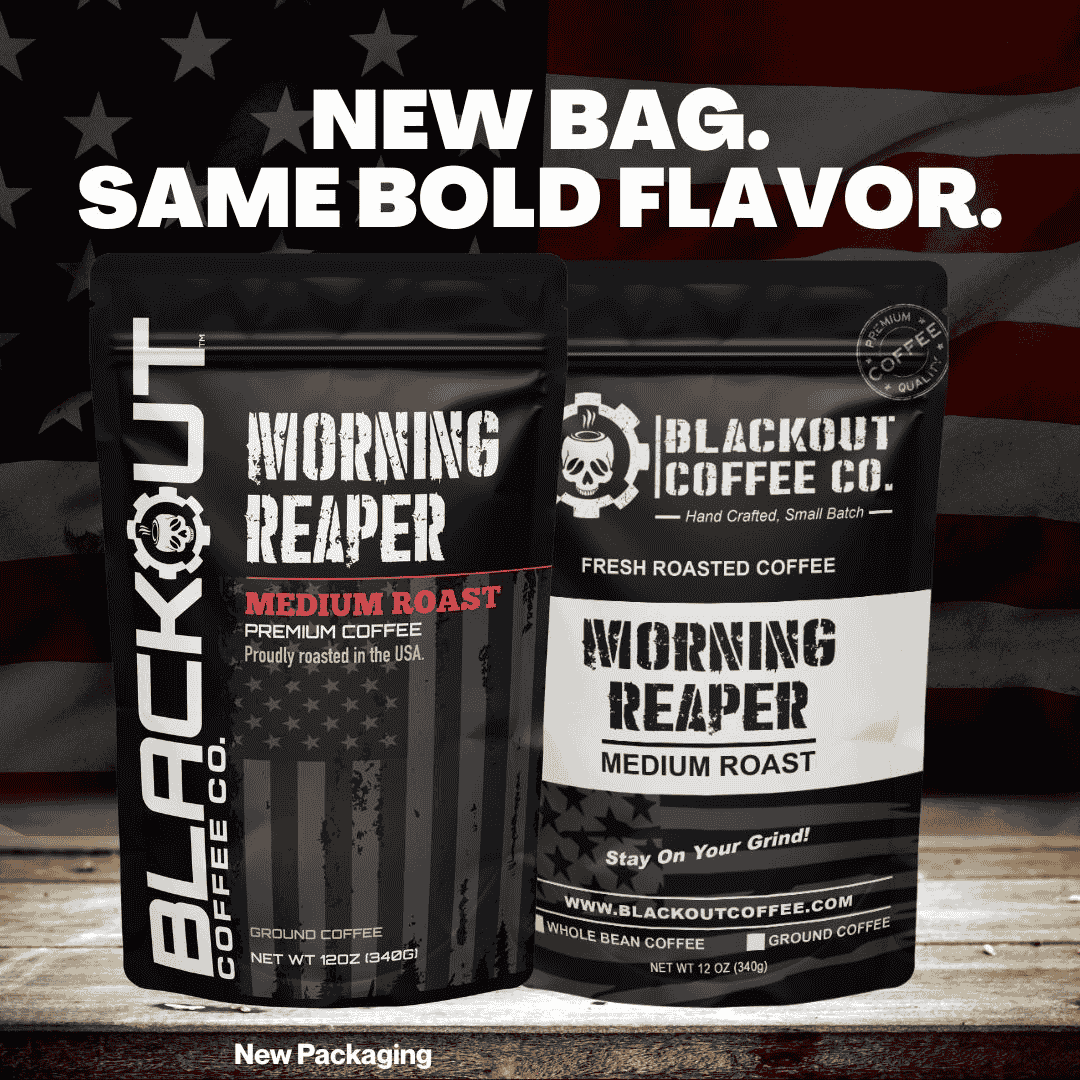 Blackout Coffee Morning Reaper 12oz coffee bag on a rugged dark surface with bold patriotic branding