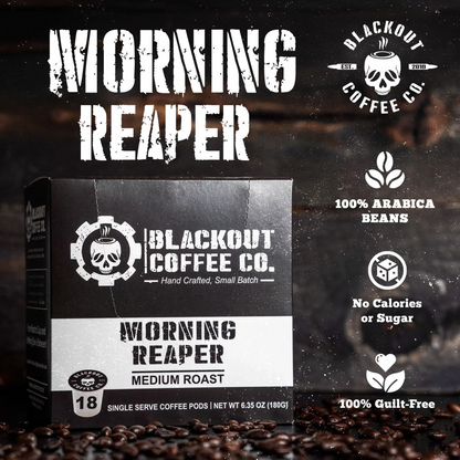 “Blackout Coffee Morning Reaper Medium Roast Coffee Pods box with smooth medium roast flavor.”